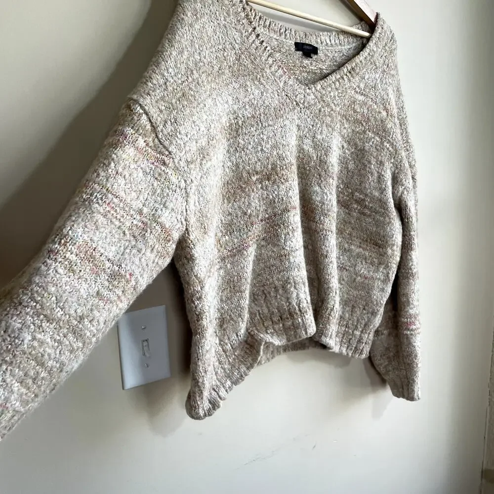 J.Crew wool alpaca blend knit v-neck chunky tan sweater women's size XL warm‎